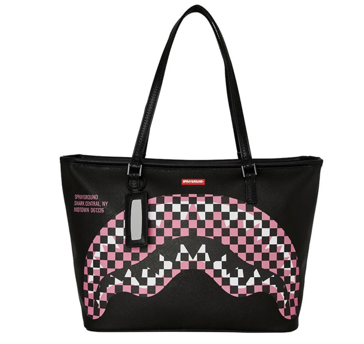 Front view of Sprayground Shark Central Breakup Check Sorbet Grey Tote featuring a pink and white checkerboard shark mouth design